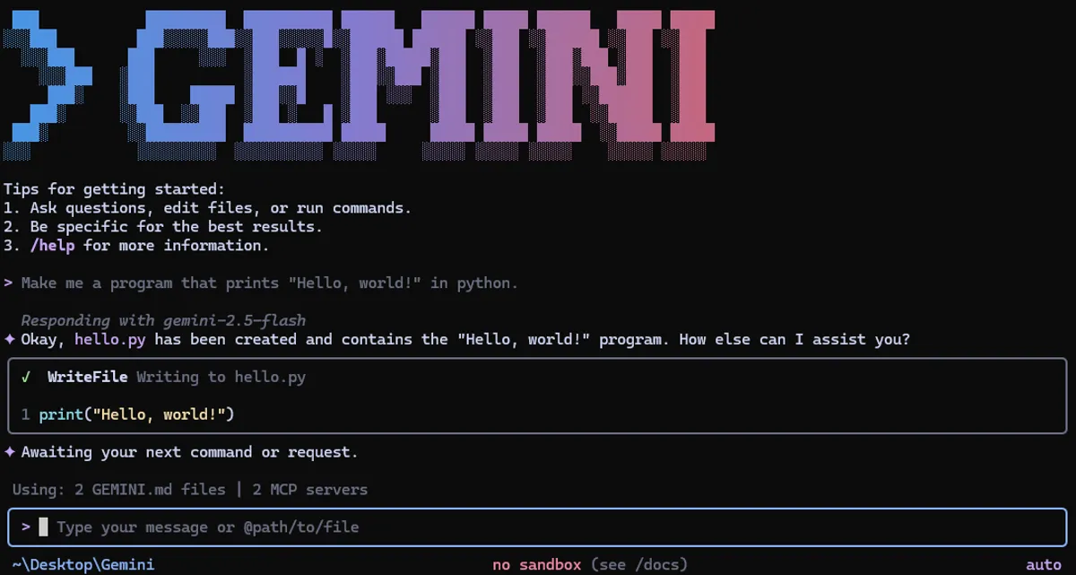 Gemini CLI running in a terminal window showing the conversational interface with tool calls and response output