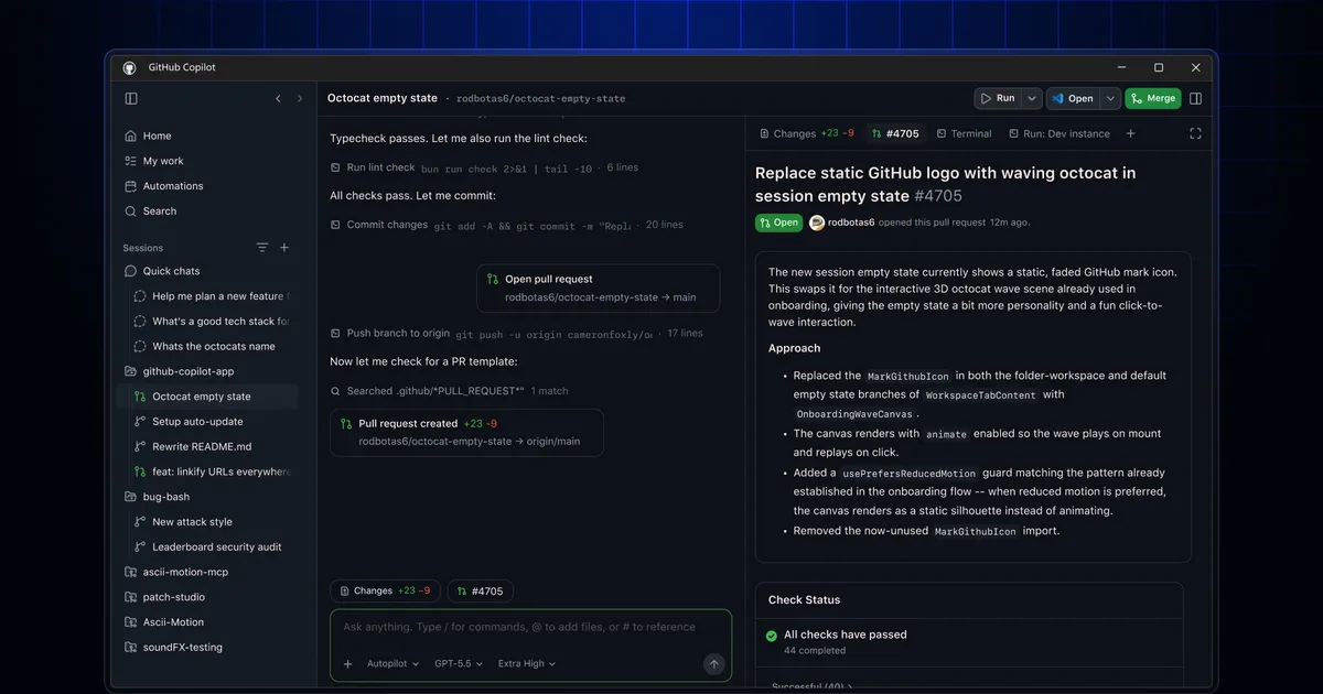 GitHub Copilot App showing a pull request view as a Canvas with agent work visible alongside editor context