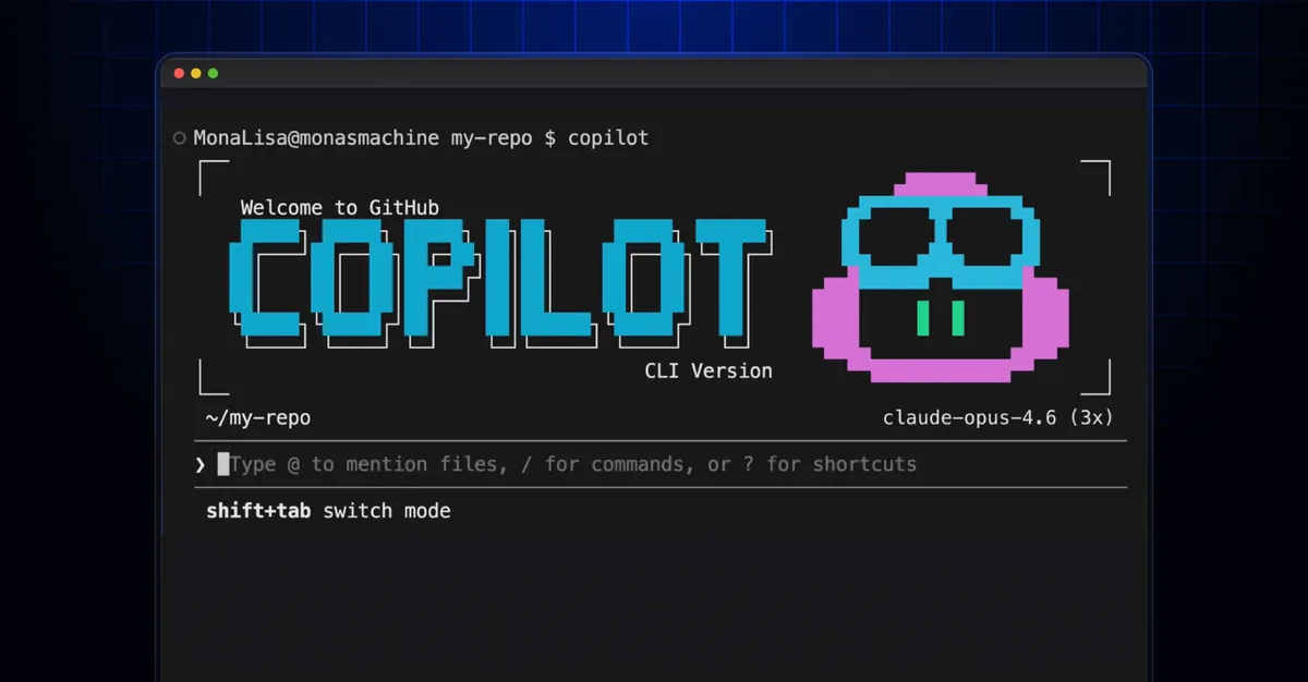 GitHub Copilot CLI welcome screen showing the terminal interface with model selection and session management