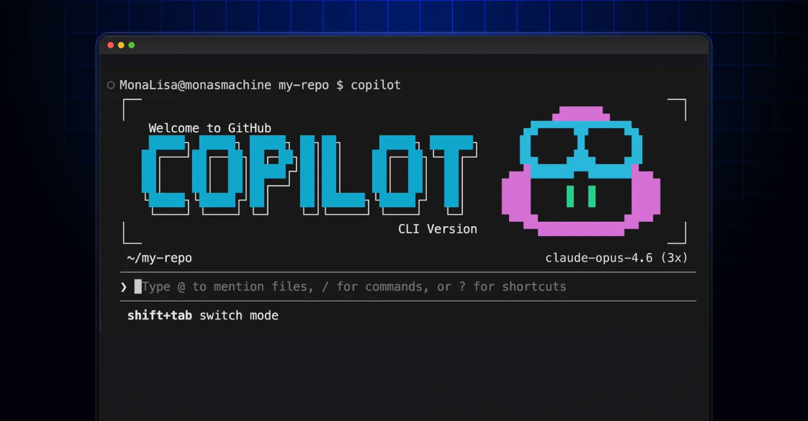 GitHub Copilot CLI welcome screen showing the terminal interface with GitHub branding