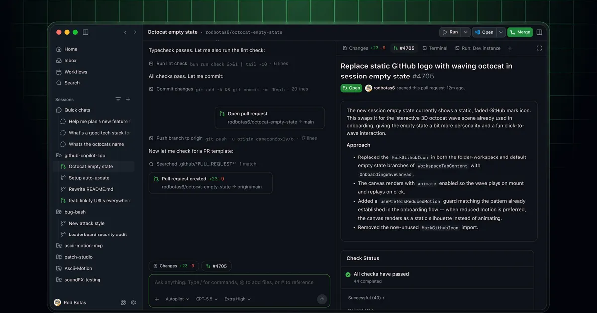 GitHub Copilot app showing a split view with an agent session, file tree, and integrated browser preview