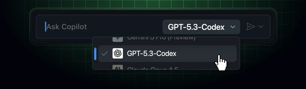 GPT-5.3-Codex selected in the GitHub Copilot model picker for Business and Enterprise plans