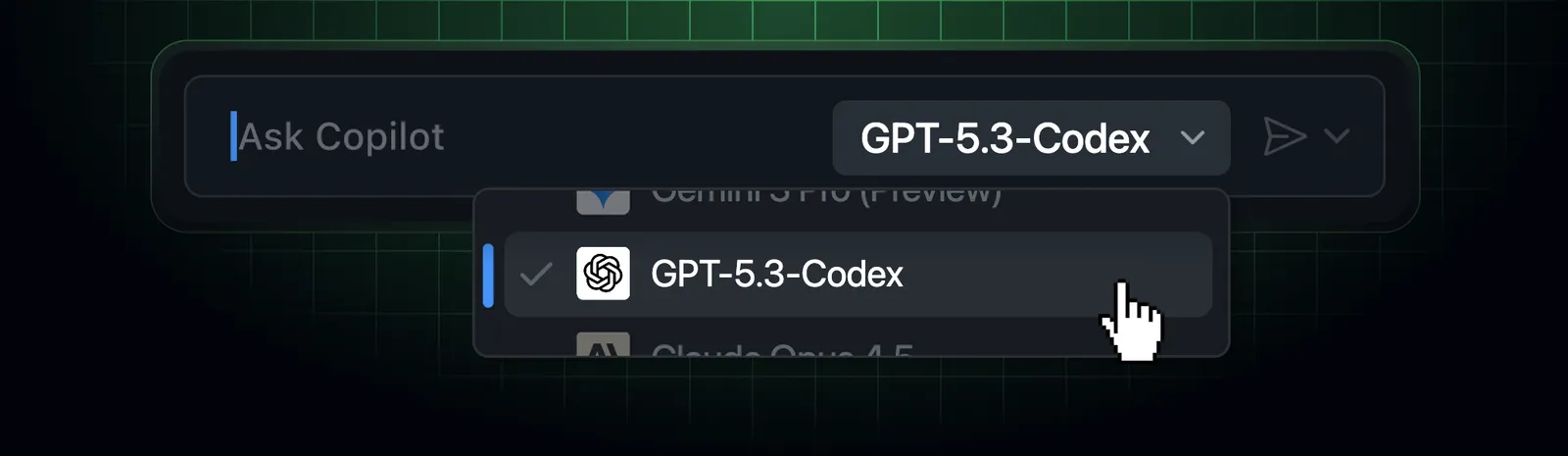 GPT-5.3-Codex selected in the GitHub Copilot model picker for Business and Enterprise plans