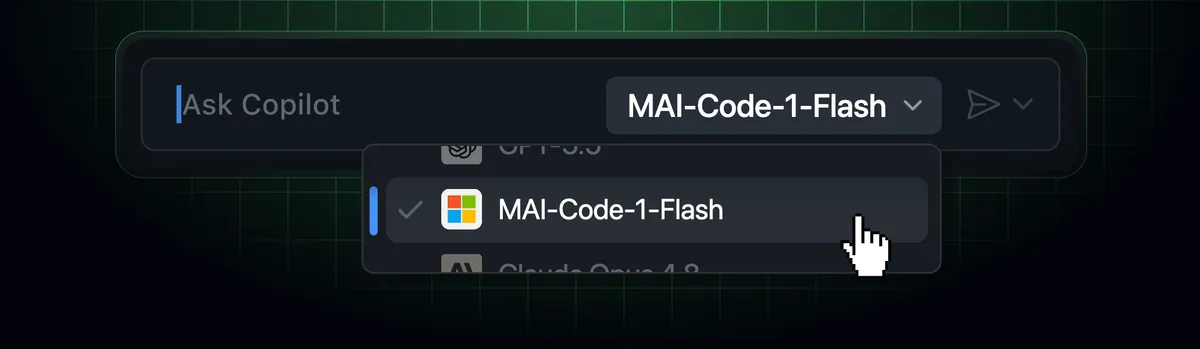 GitHub Copilot model picker showing MAI-Code-1-Flash selected