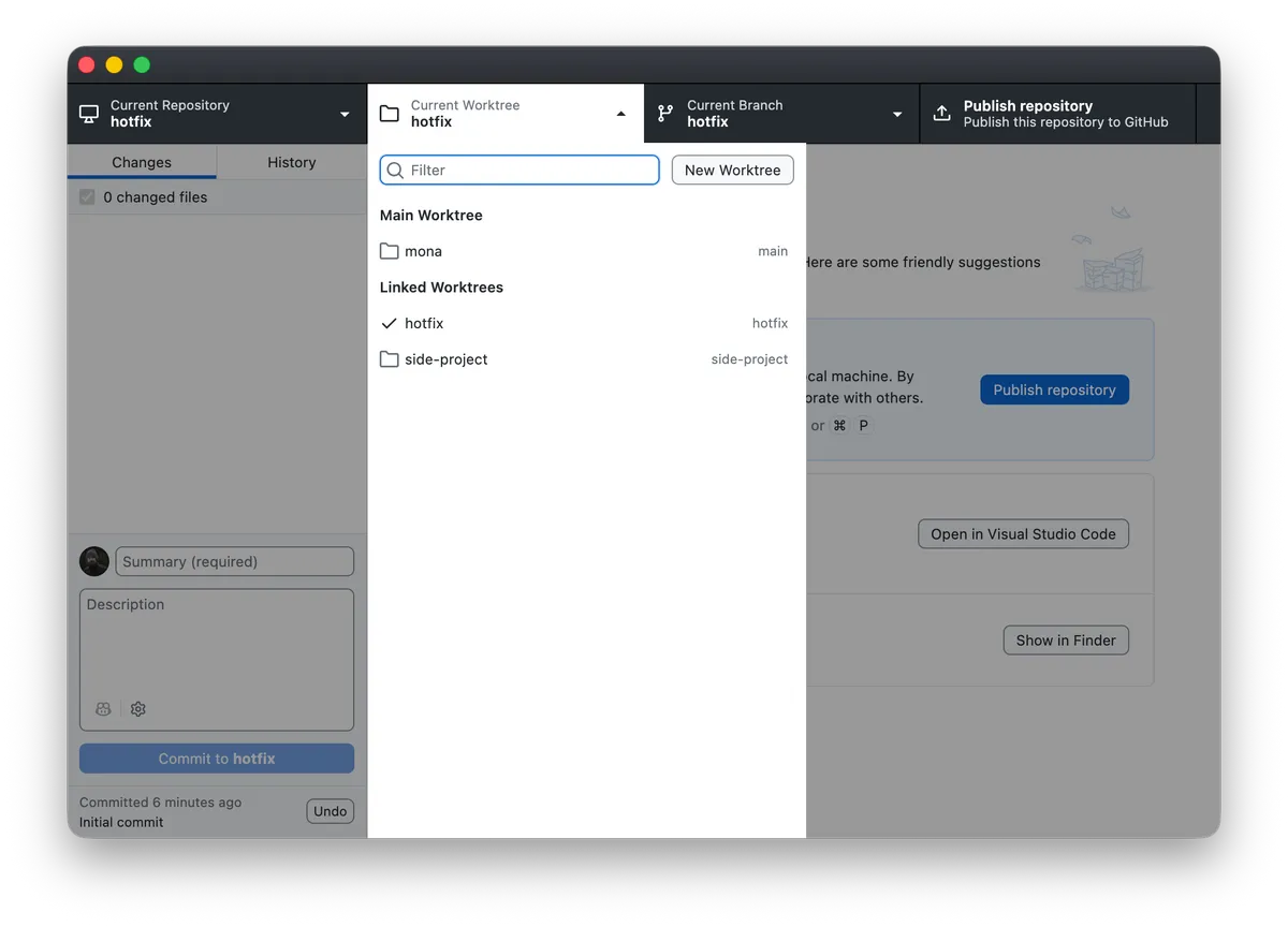 GitHub Desktop 3.6 showing the new Current Worktree menu in the toolbar for switching between parallel branches