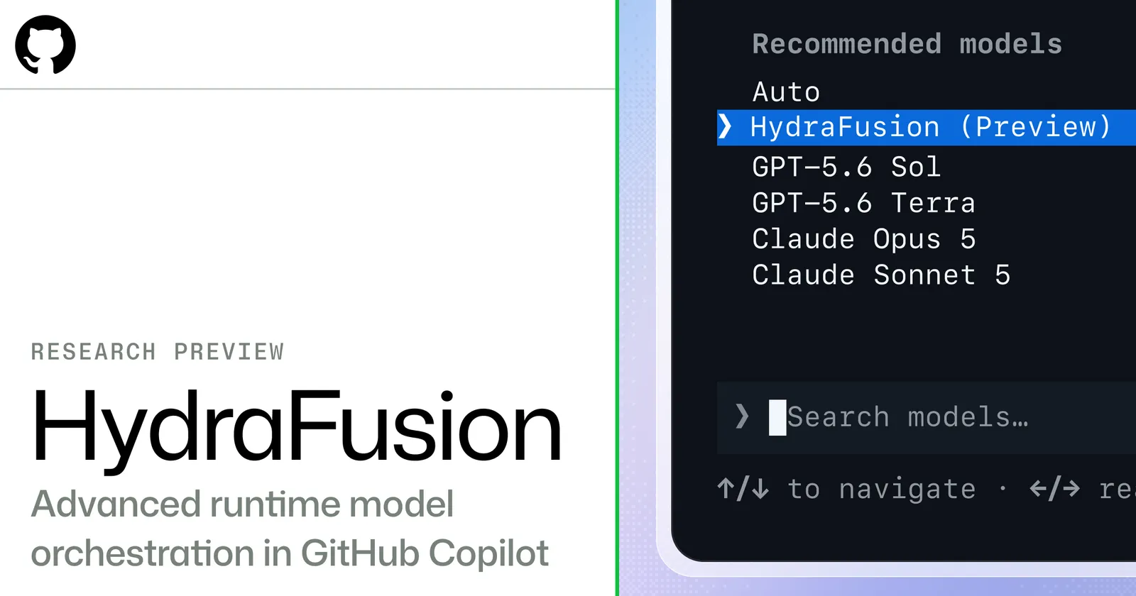 GitHub HydraFusion multi-model orchestration interface showing task routing