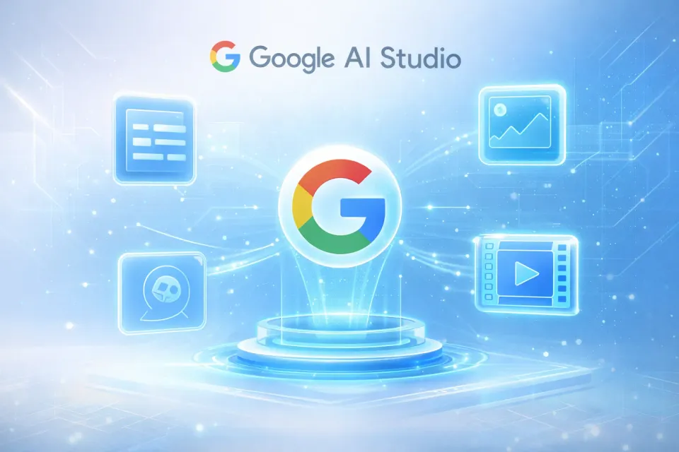 Google AI Studio logo and interface illustration showing multimodal capabilities