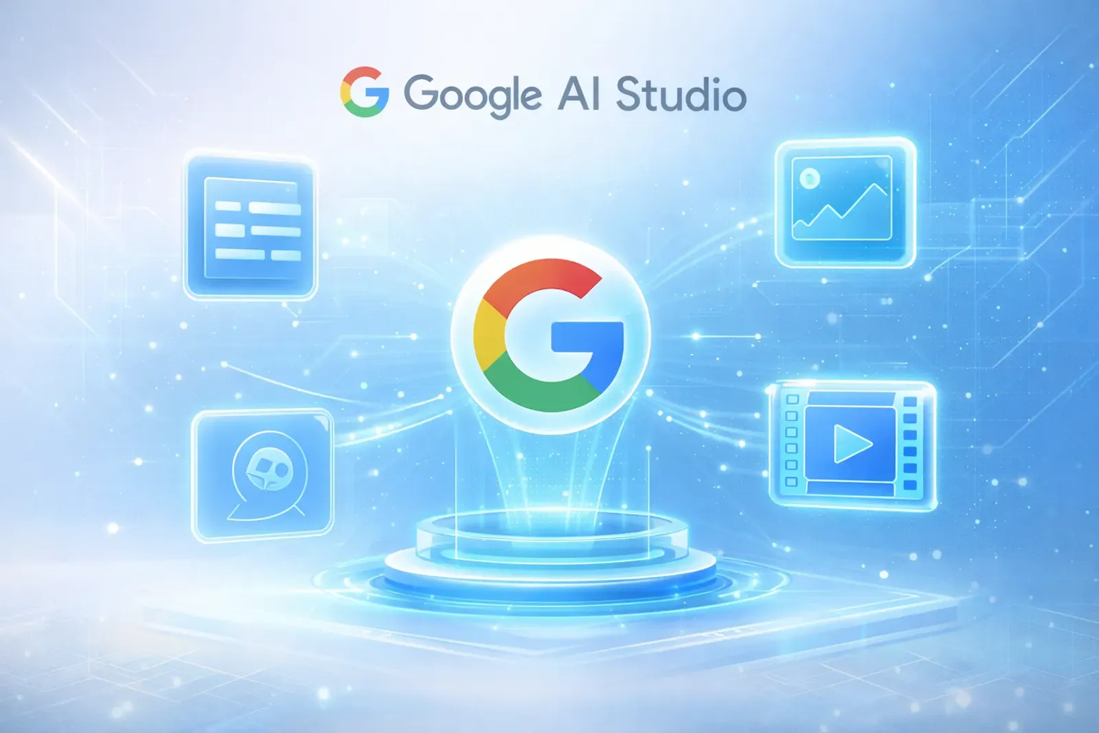 Google AI Studio logo and interface illustration showing multimodal capabilities