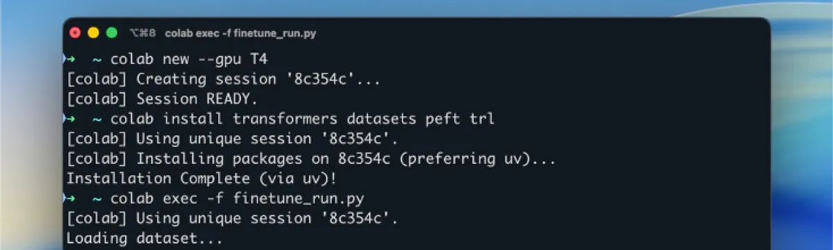 Google Colab CLI running in a terminal, showing GPU provisioning and script execution commands
