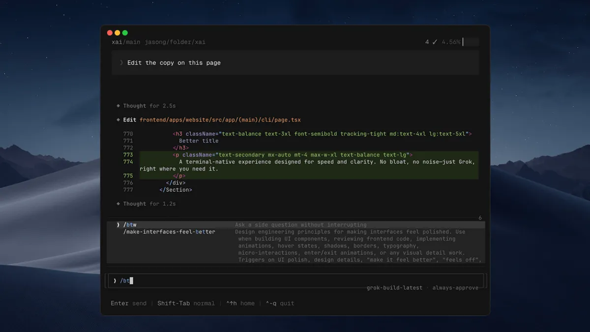 Grok Build CLI running in a terminal, showing the agent editing a TSX file with its plan and output interface