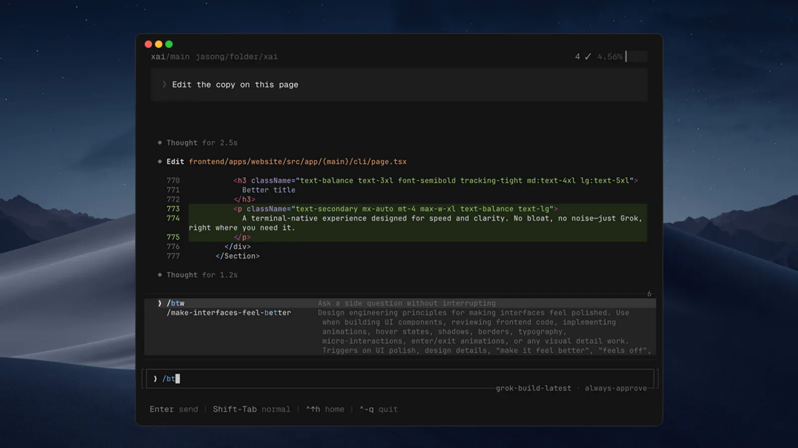 Grok Build CLI running in a terminal, showing the agent editing a TSX file with its plan and output interface