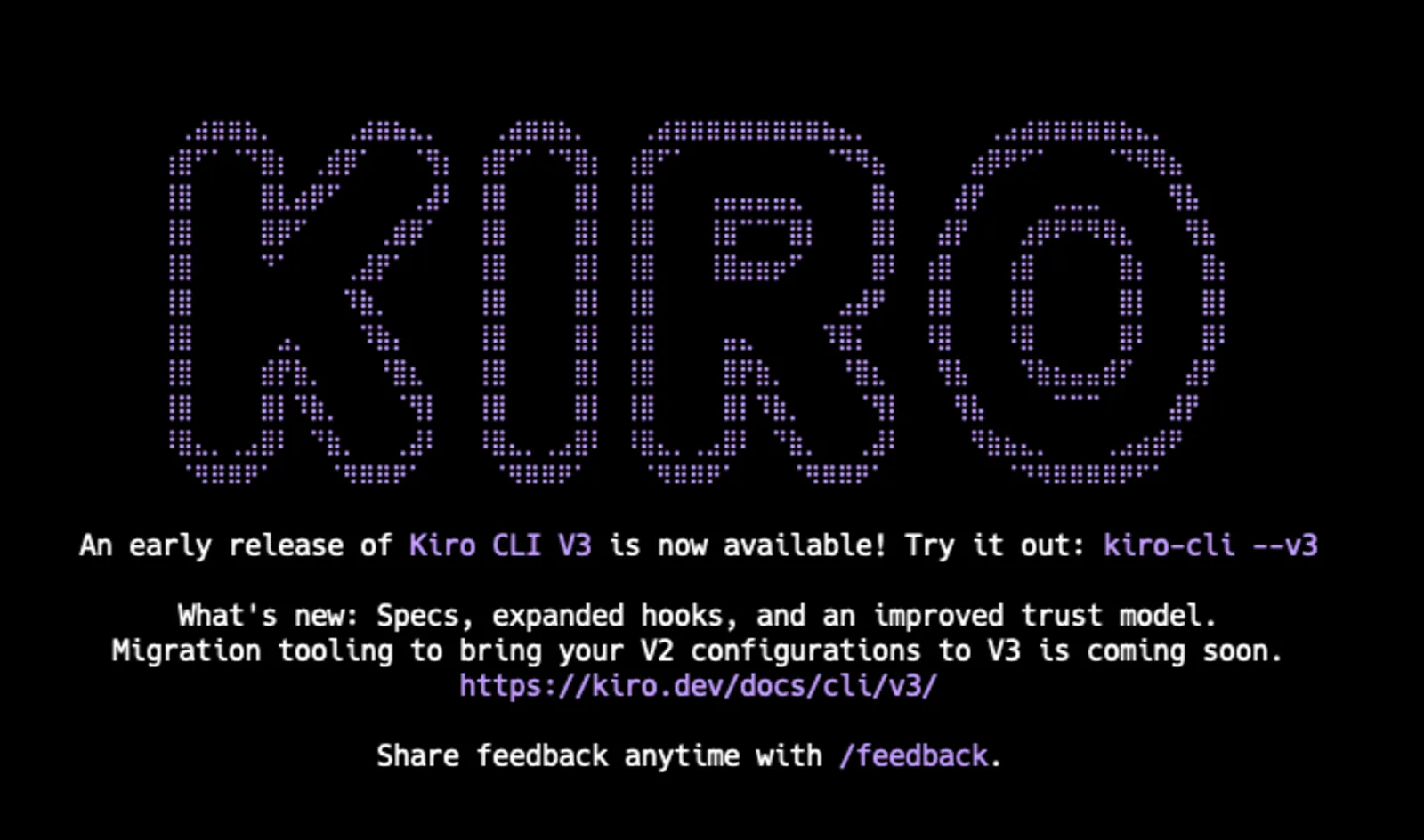 Kiro CLI V3 welcome screen showing the new release announcement in terminal