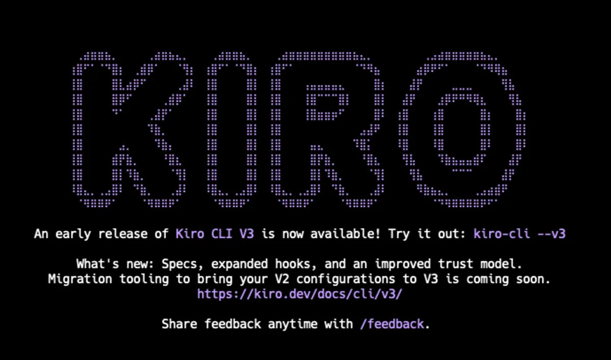 Kiro CLI V3 welcome screen showing the new release announcement in terminal