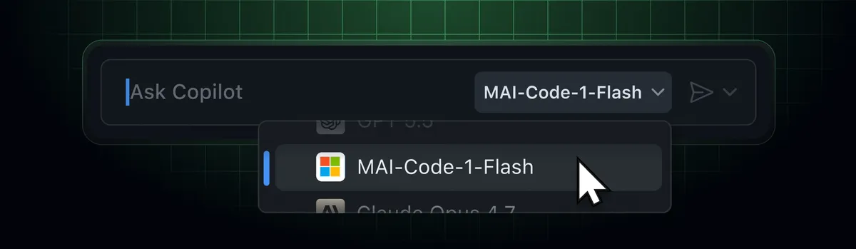 GitHub Copilot interface showing the model picker with MAI-Code-1-Flash as an option