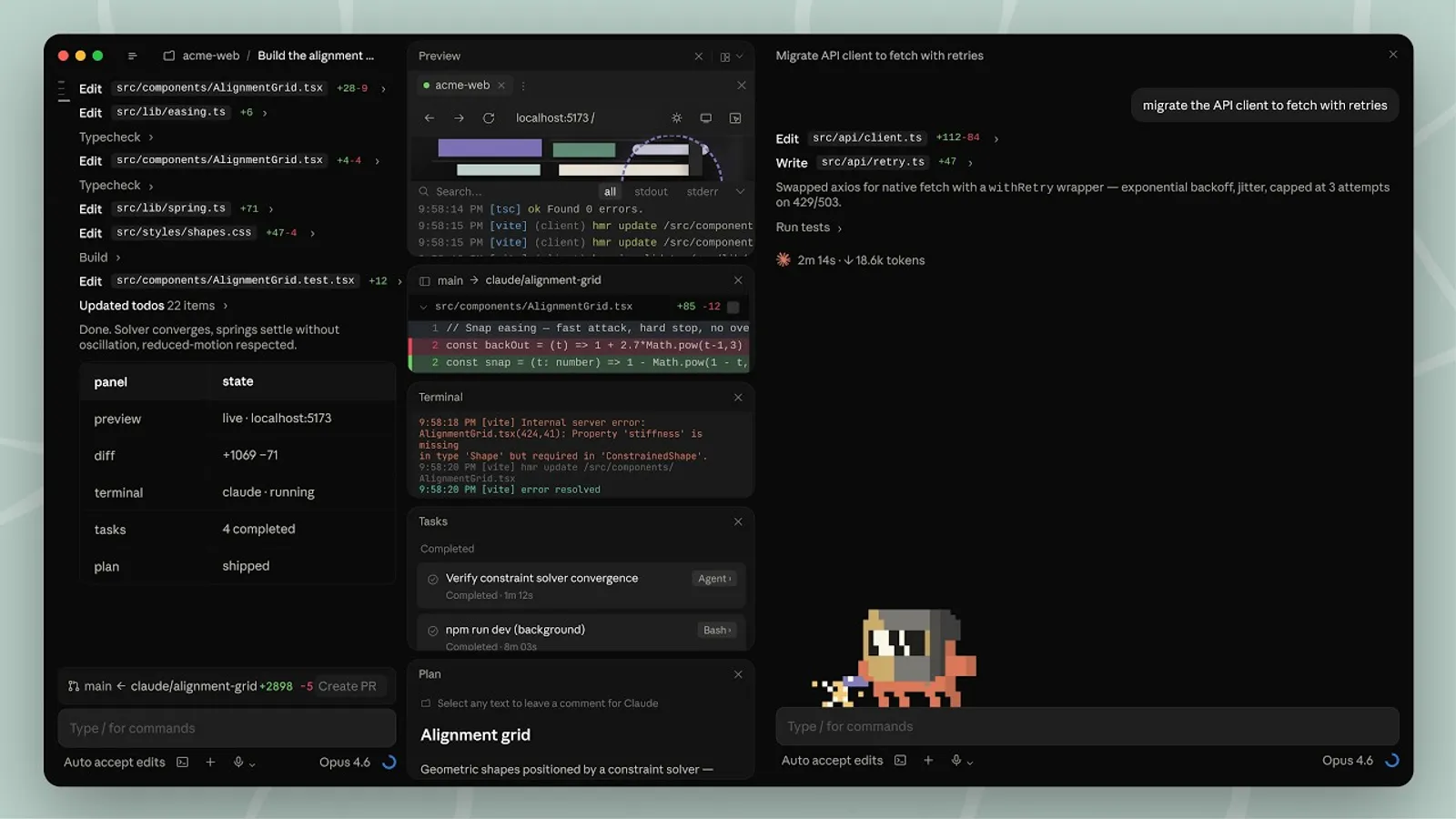 Screenshot of the redesigned Claude Code desktop application showing multiple parallel sessions running in a dark interface