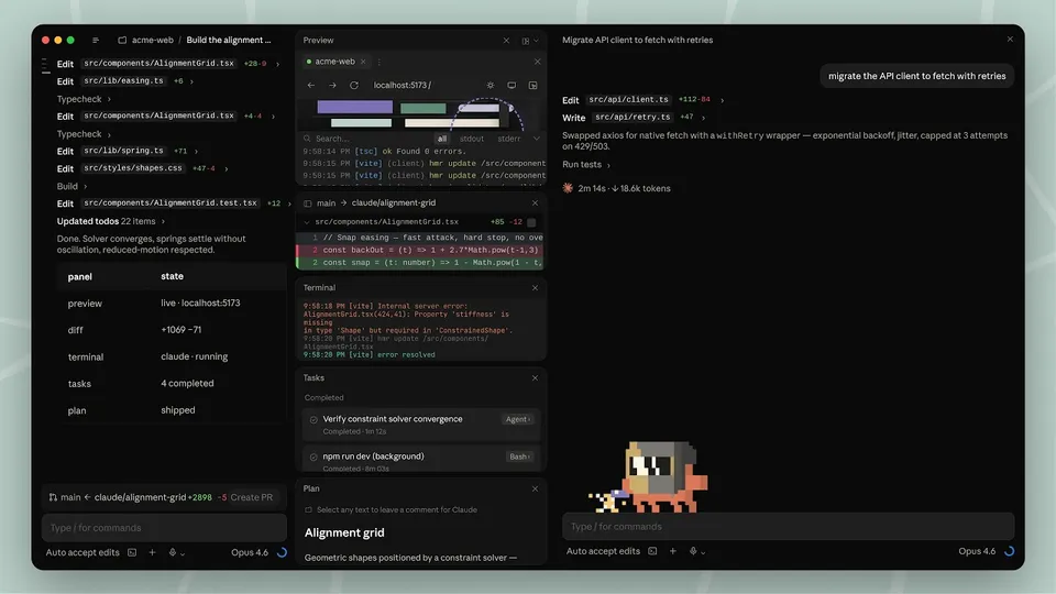 Claude Code desktop application showing a multi-pane interface with code, terminal, and file panels in a dark theme - representative of the multi-pane AI coding terminal experience MOLTamp provides