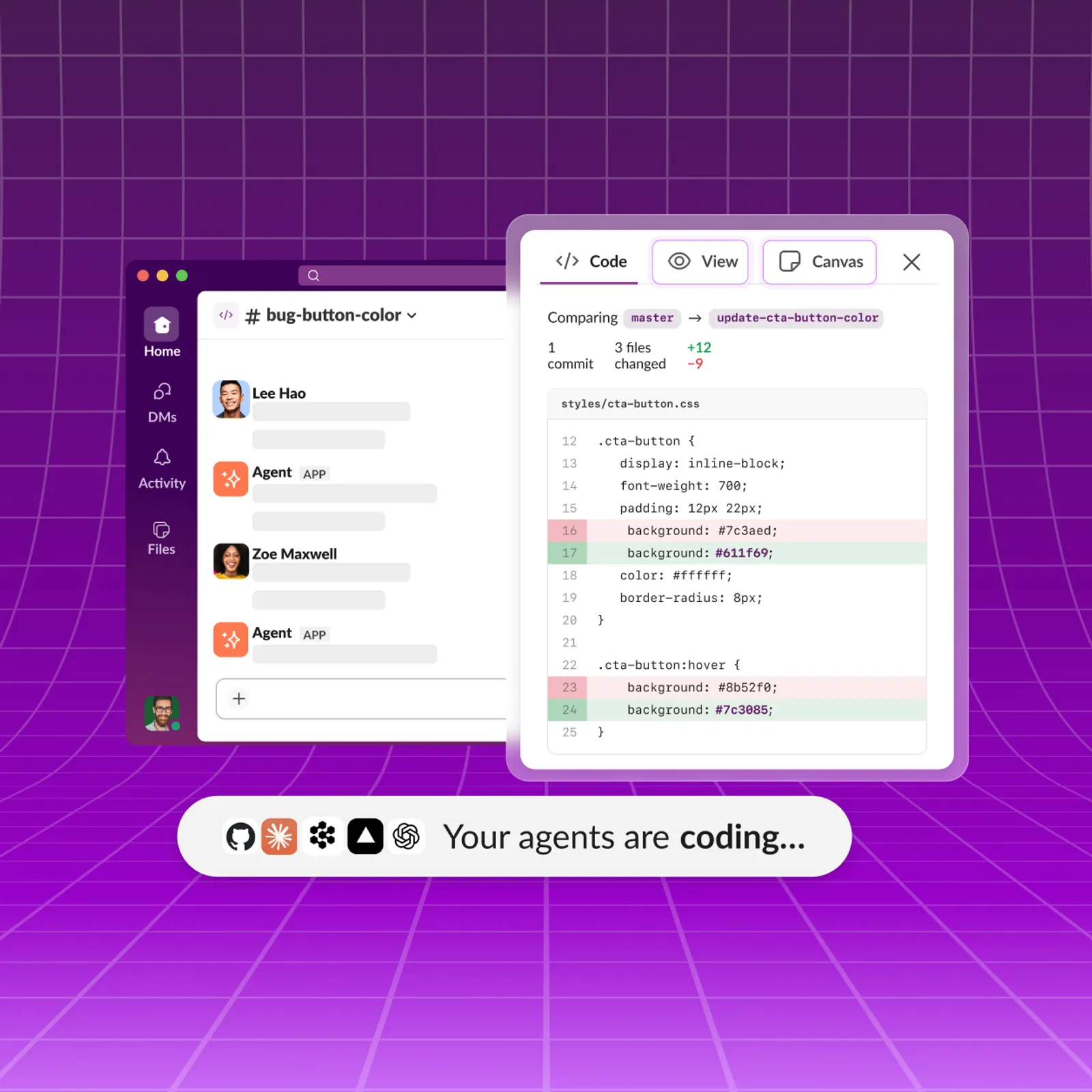 Slack Code hero graphic showing team collaboration with AI agents