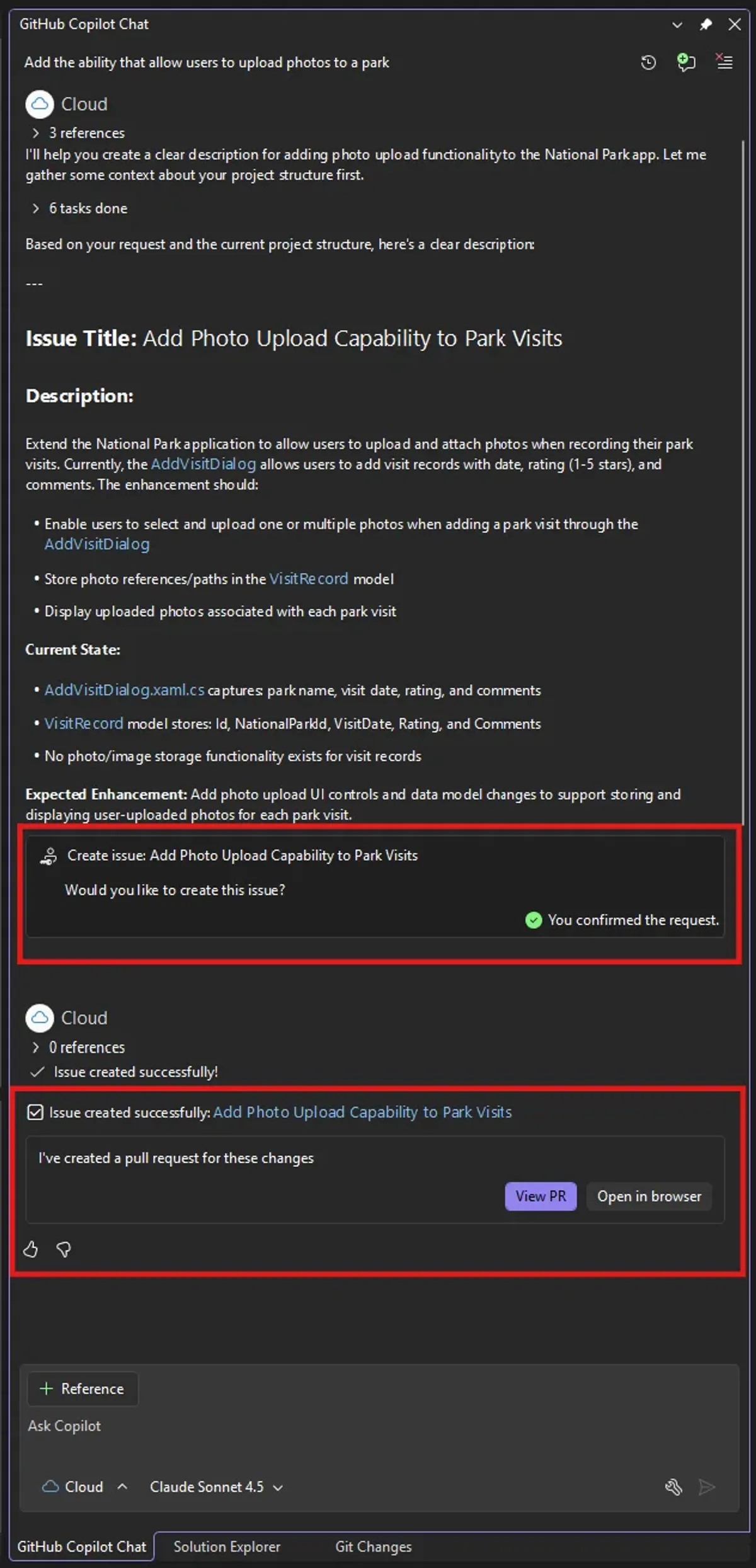 Visual Studio 2026 cloud agent workflow showing task assignment and pull request creation