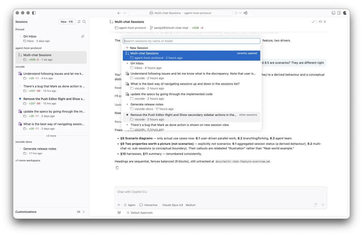 VS Code 1.124's new agent sessions picker showing recent and other sessions