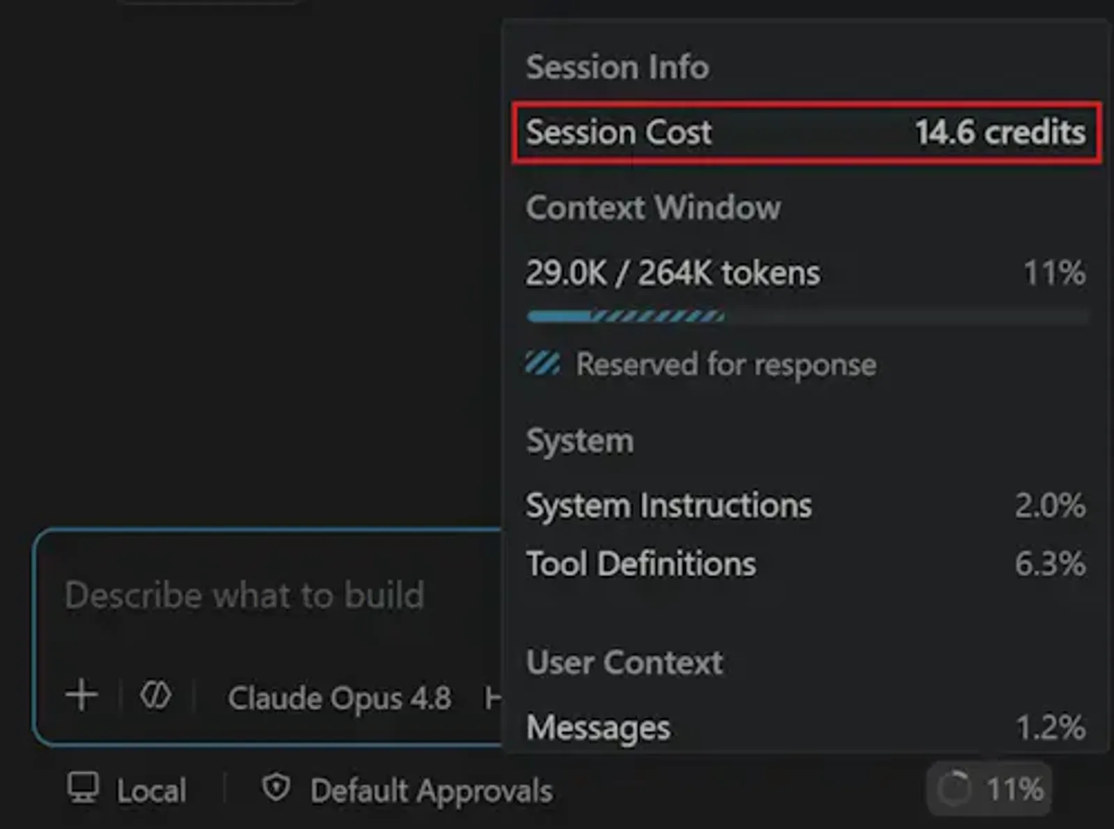 VS Code 1.126 showing session-level Copilot cost tracking