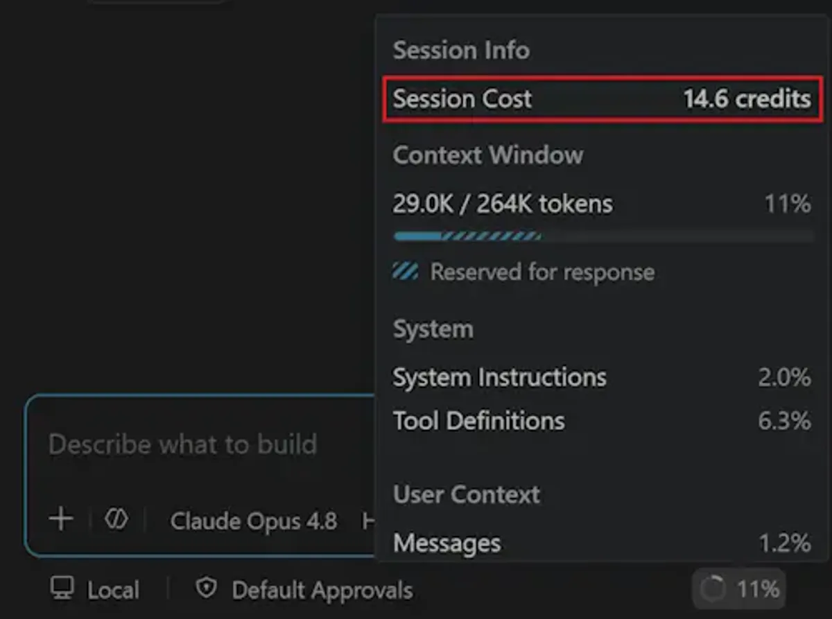 VS Code 1.126 showing session-level Copilot cost tracking