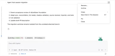 VS Code 1.135 streamlined agent session header showing new session controls