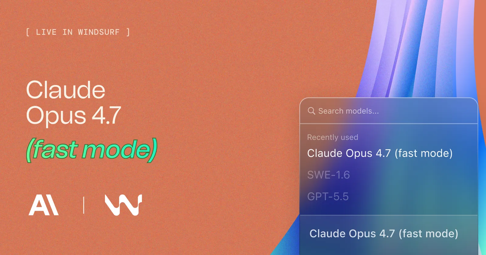 Windsurf Claude Opus 4.7 fast mode announcement showing the model's speed and intelligence capabilities