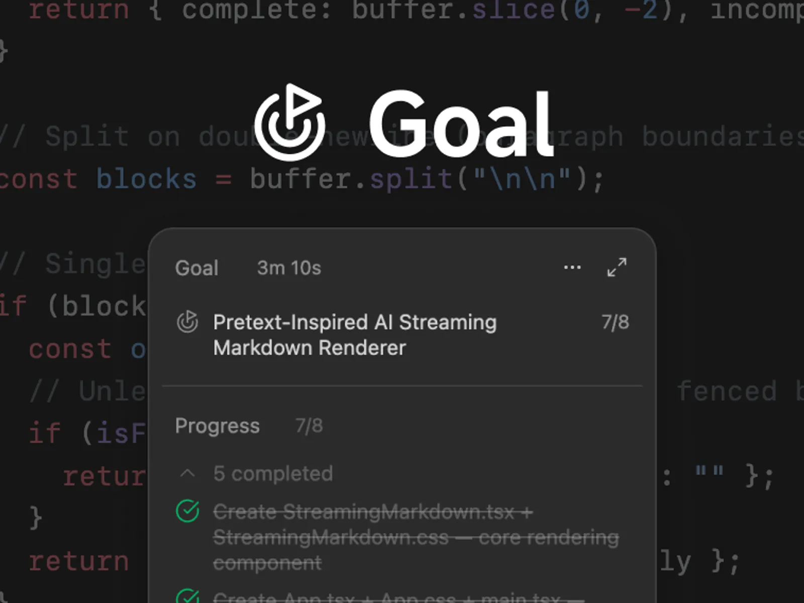 ZCode's Goal interface showing an active coding agent session
