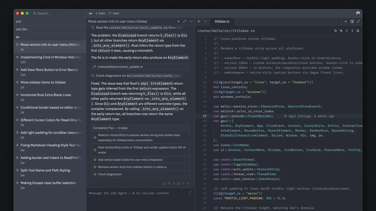 Zed 1.0 editor showing the new interface with agent threads and parallel sessions