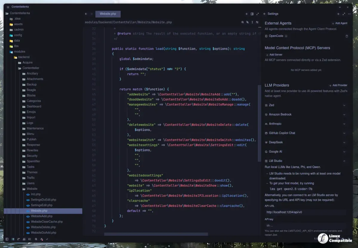 Zed 1.10 settings editor showing LLM Providers panel with LM Studio, Amazon Bedrock, Anthropic, GitHub Copilot Chat, DeepSeek, Google AI, and other providers