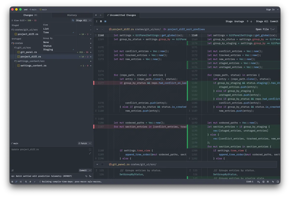 Zed 1.12.0 Git Panel showing Staged and Unstaged change sections with staging controls