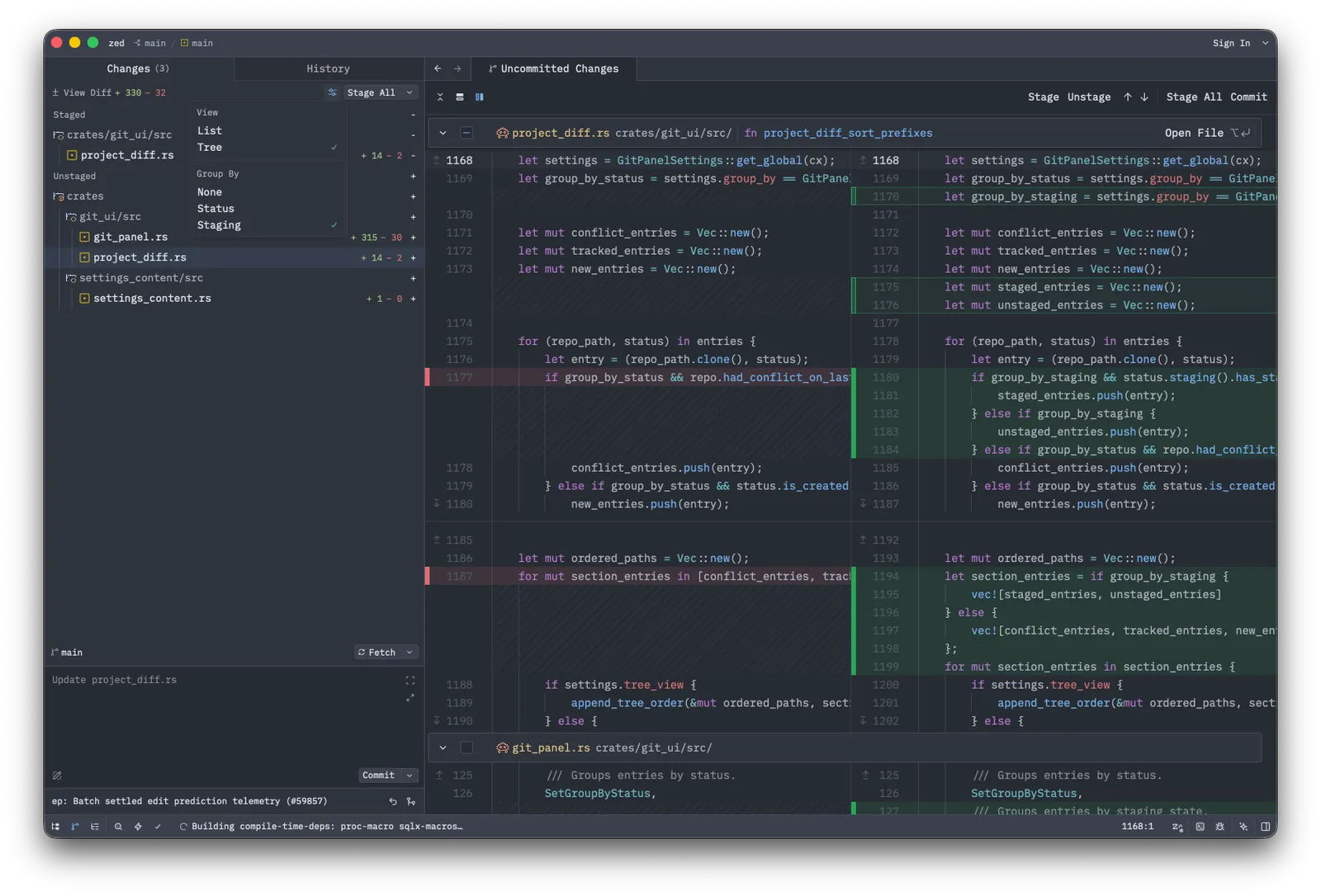 Zed 1.12.0 Git Panel showing Staged and Unstaged change sections with staging controls