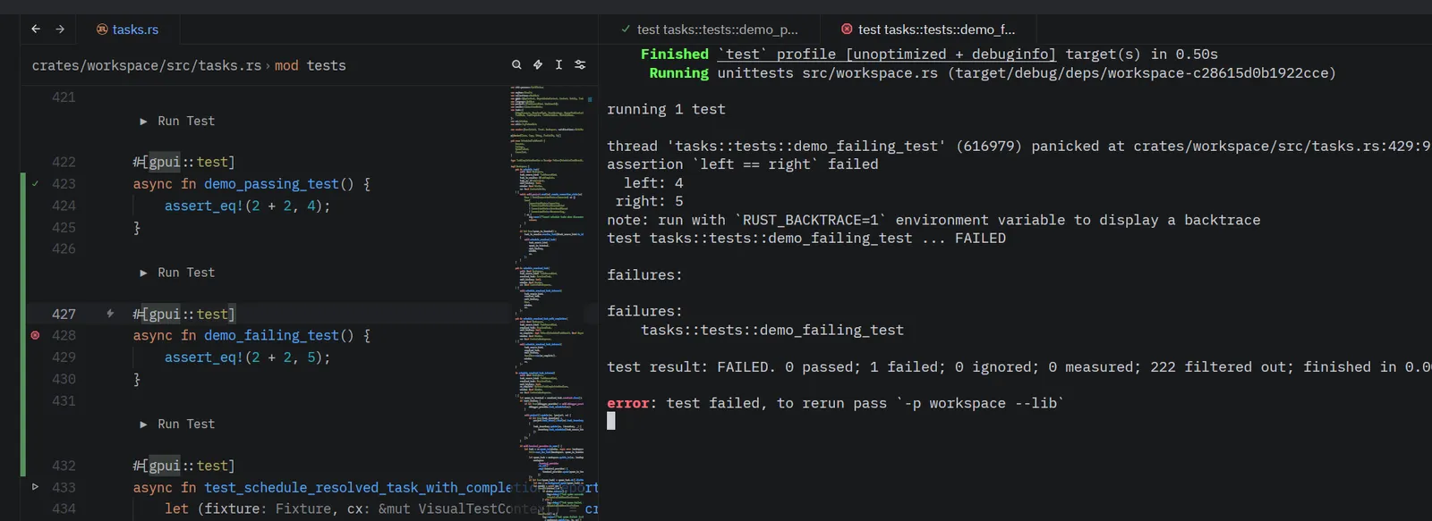 Zed editor gutter showing run-status indicators after test runs with pass and fail icons