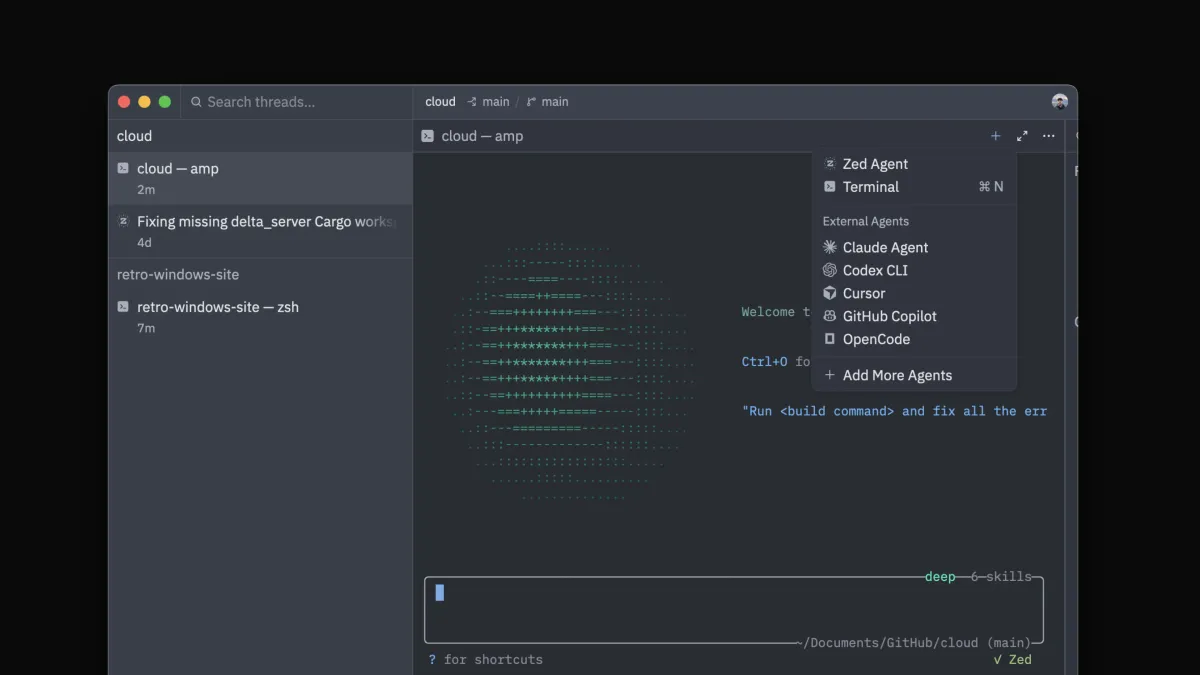 Zed 1.3.5 showing Terminal Threads in the sidebar with Amp running as a managed thread alongside other agent threads