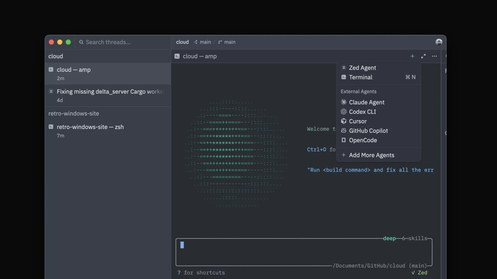 Zed 1.3.5 showing Terminal Threads in the sidebar with Amp running as a managed thread alongside other agent threads