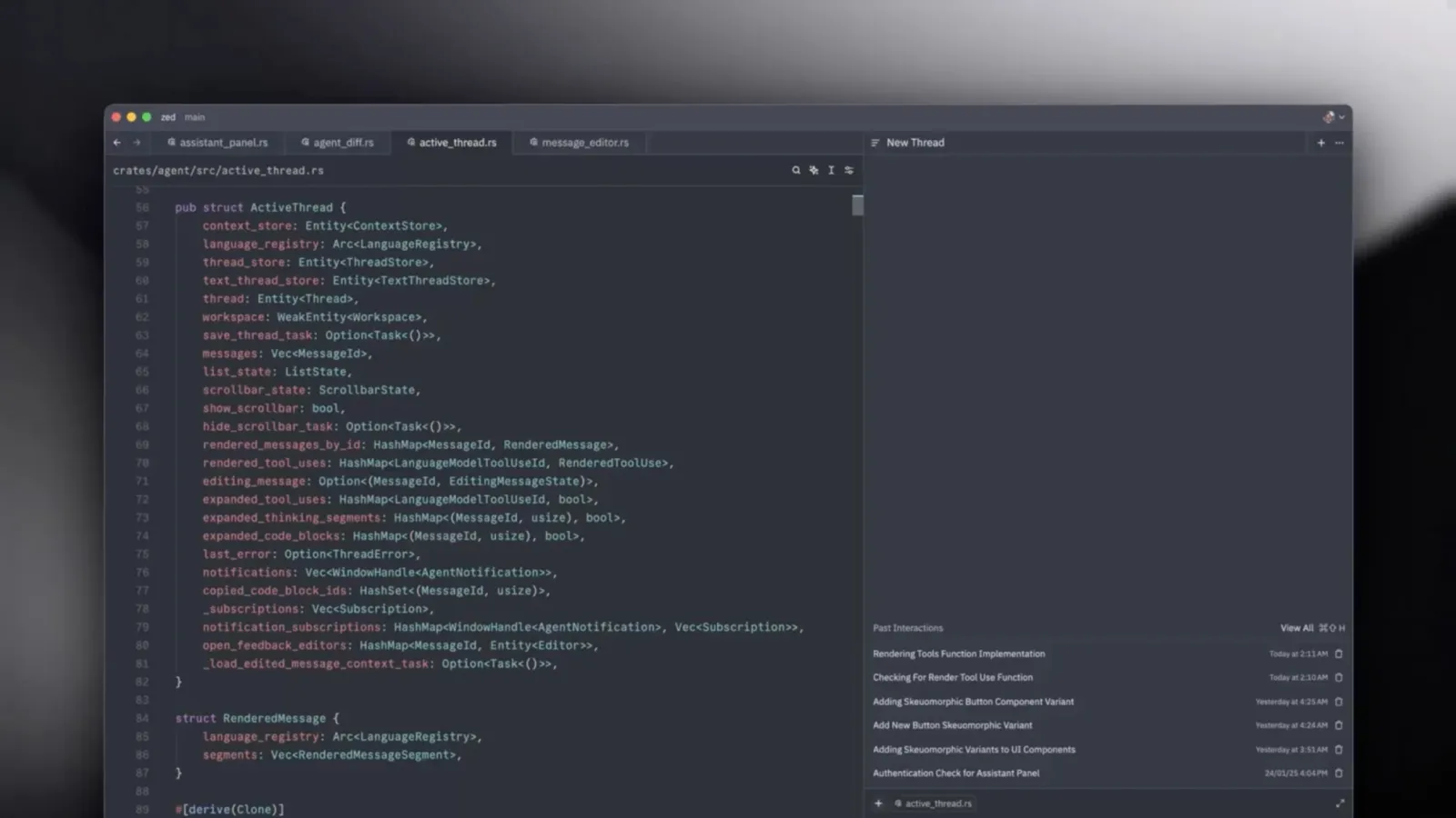Zed editor showing the agent panel with an ongoing coding session